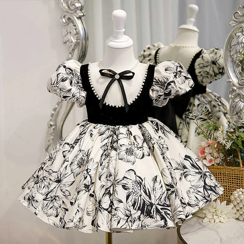 Flickans klänningar Little Girl Evening Dresses Luxury Birthday Party Ball Gown Flower Child Bow Print Dress Princess Elegant Kids 2 6 8 10 14 år