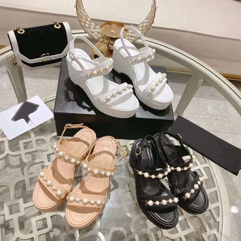 2023 designer luxury Square head toe sandals womens Leather temperament Black white pink one word buckle shoes ladys sexy fashion Pearl metal chain high heels sandal