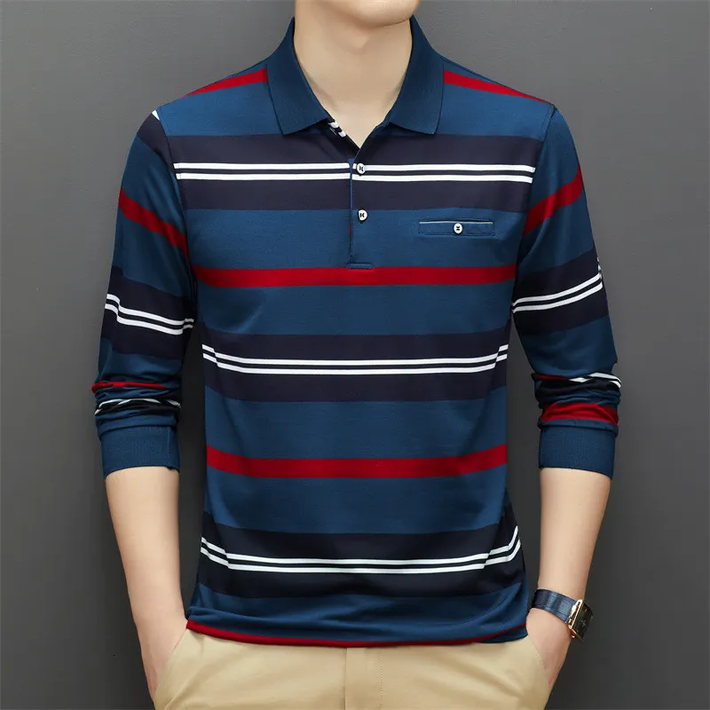 Herren Polos Mode Marke 95% Baumwolle Poloshirt Männer Langarm Gestreift Herbst Freizeitkleidung Streetwear Männliche Koreanische Poloshirt Tops 230227