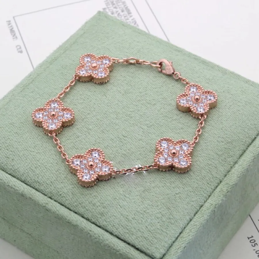 Luxury designer jewelry four-leaf clover chain bracelet 18K gold agate flower chain jewelry lucky lady and girl couple holiday party gift.00