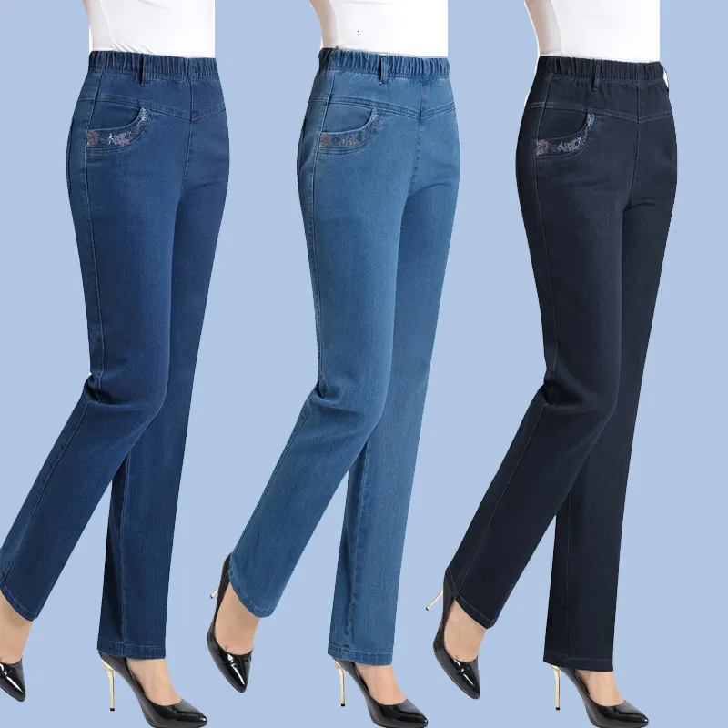 Kvinnors jeans medelålders mamma jeans höst lös hög midja svart stretch rak ben byxor ficka broderi casual denim byxor 230227