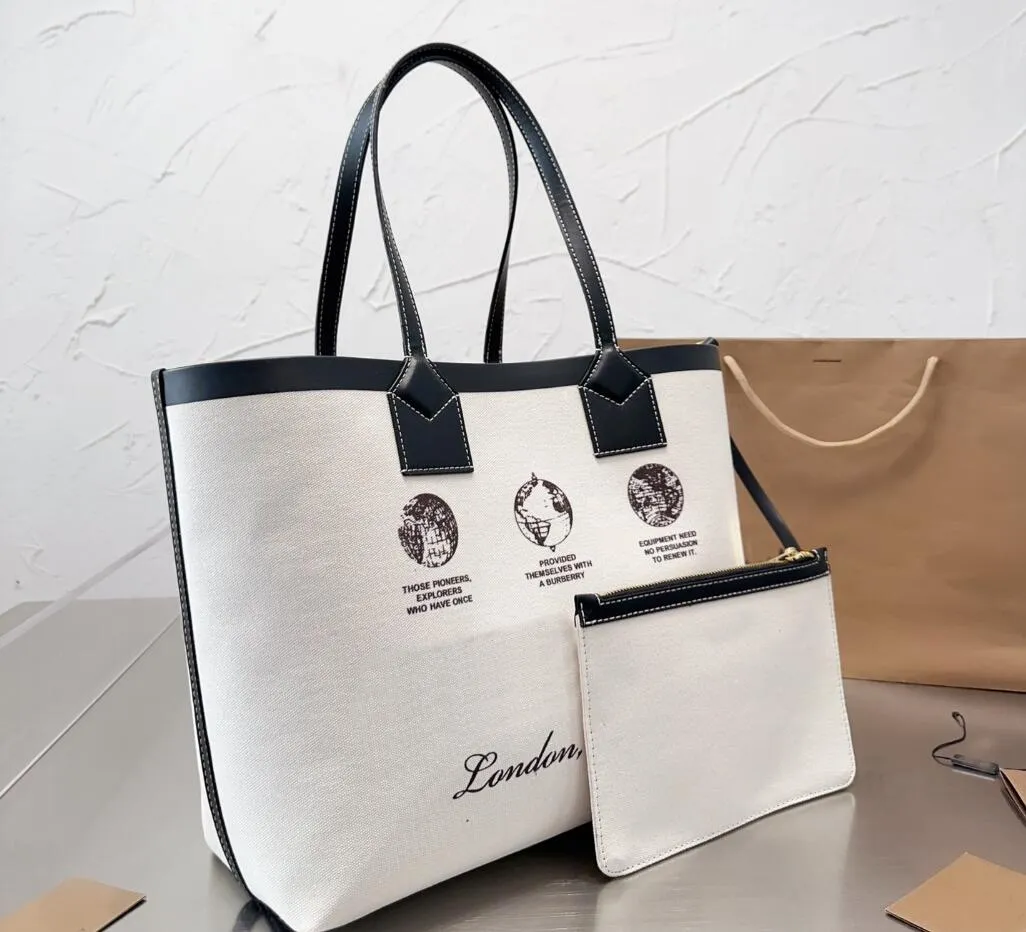 white Canvas Shopping Bag Large Capacity Package Tote Bags Handbag Purse High Quality Fashion portrait Letter Genuine Leather Interior stripe lattice