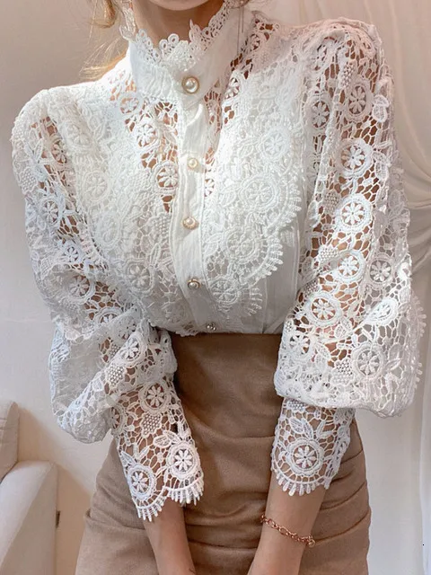 Petal Sleeve Flower Lace Patchwork Blouse For Women Stand Collar 