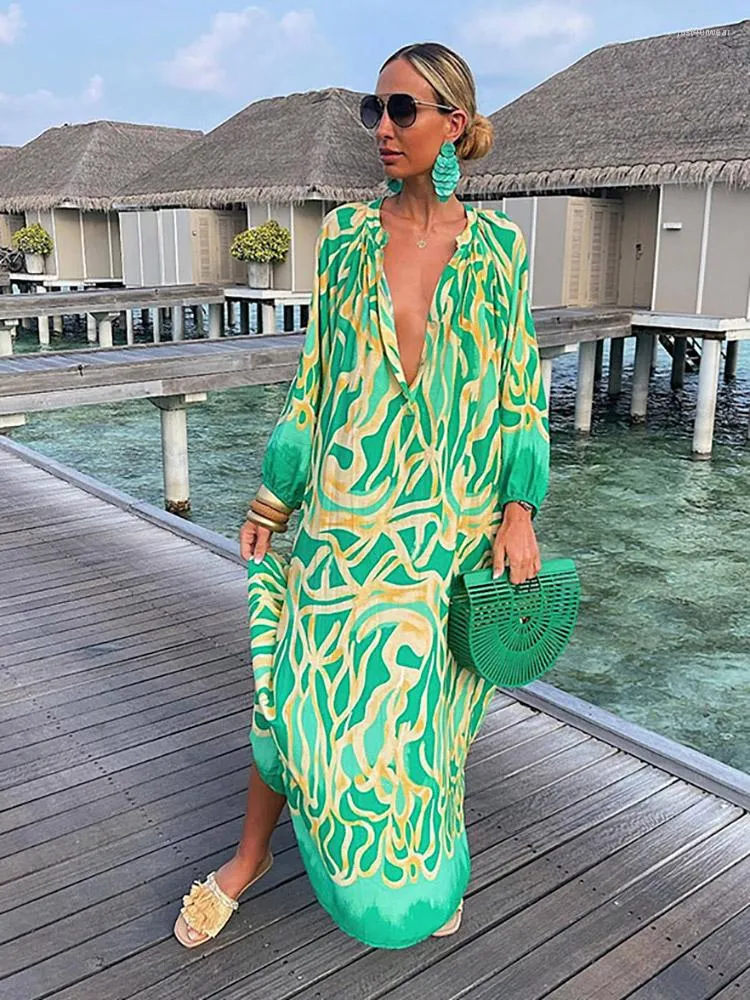 Vrouwen Vintage Maxi Jurken Zomer Sexy Diepe V-hals Lange Mouwen Boho Print Lange Jurken Vrouwelijke Strand Cover Up Elegante Gewaad