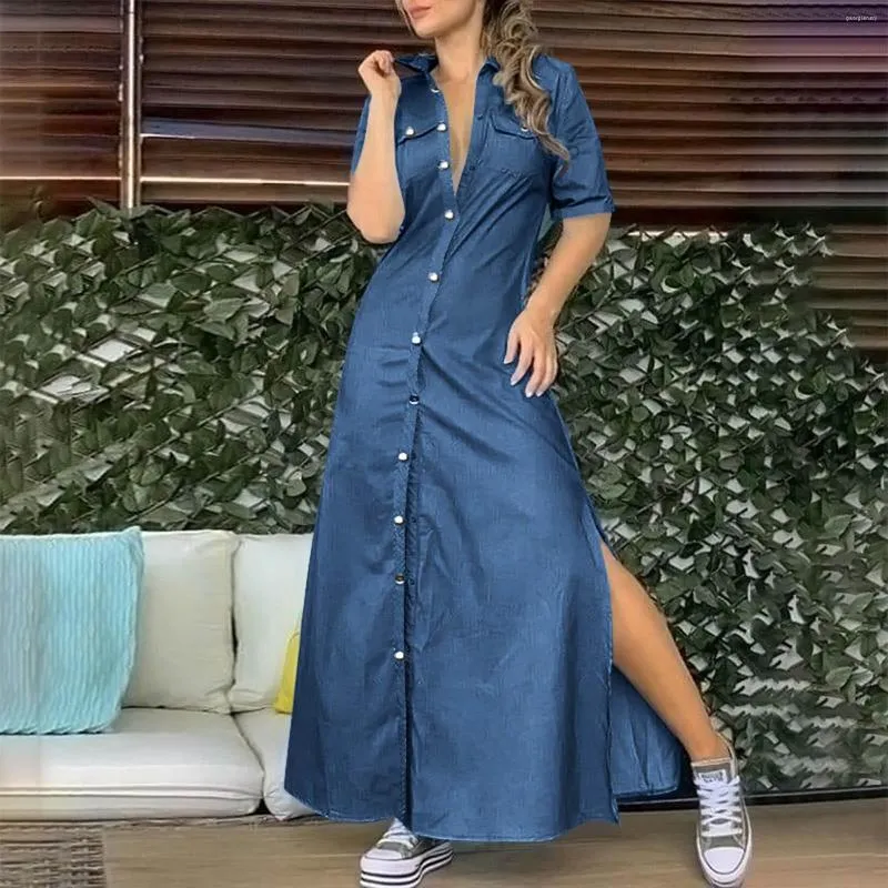 Casual jurken Spring Fashion Slim Blue Denim Dress High Slit Solid Single Breasted Maxi Turn Down Collar Long Sleeve Streetwear