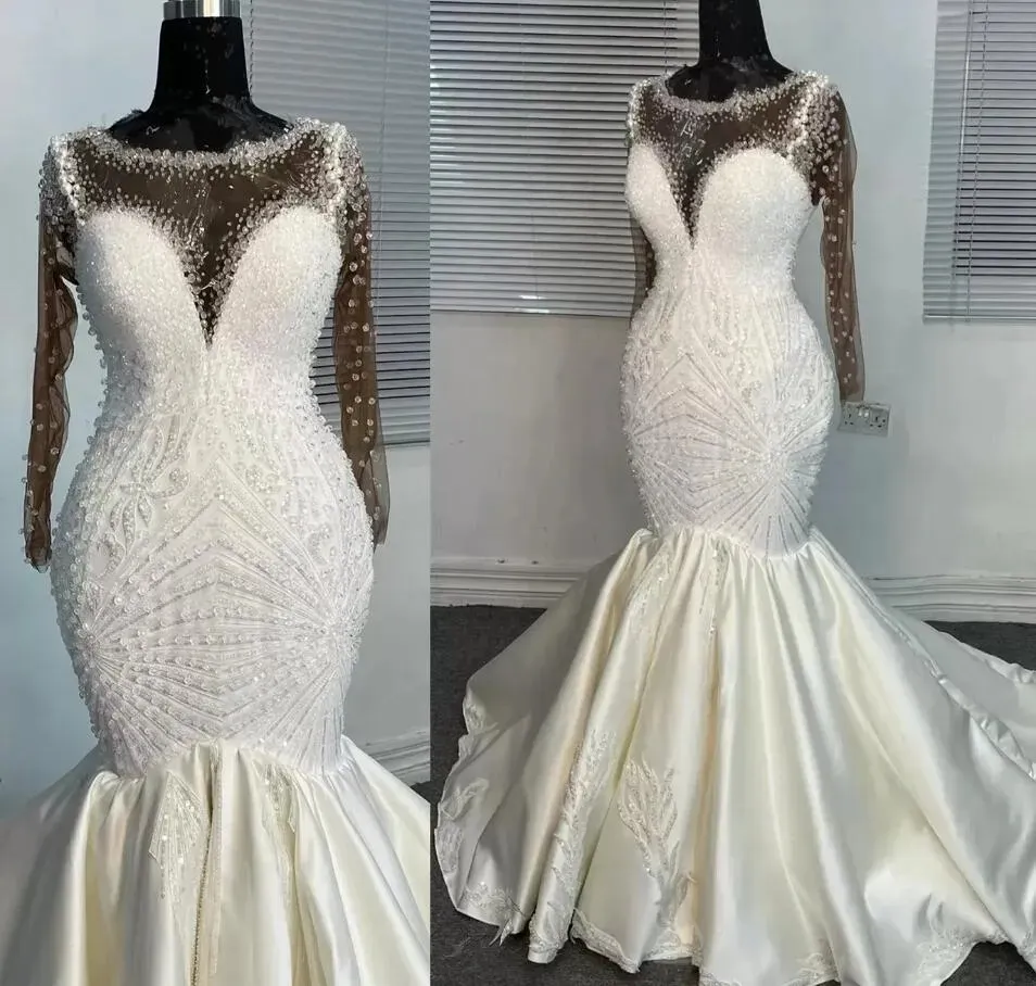 Luxus Meerjungfrau Brautkleider mit langen Ärmeln Sweep Zug Satin Applikation Designer Arabisch Plus Size Illusion Brautkleid Vestido de Novia
