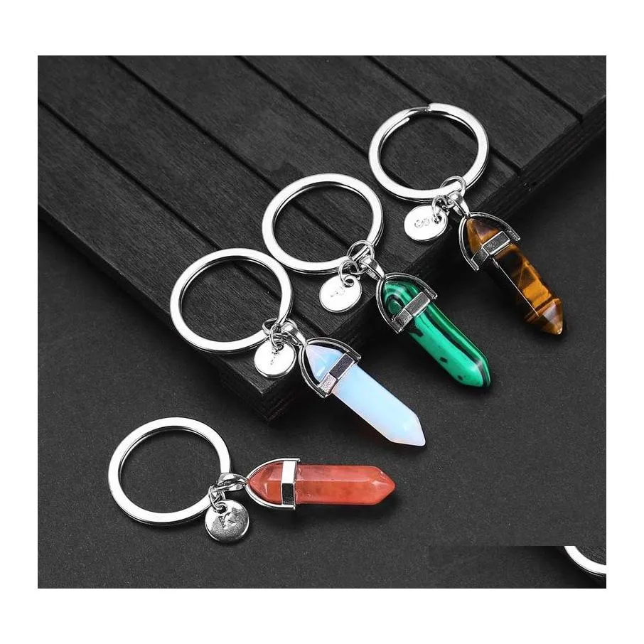 CAR DVR Keychains Lanyards Fashion 26 Letter Key Rings Natural Stone Pendant Keychain Rose Quartz Stones Crystal Lover Chains Accessories DHB43