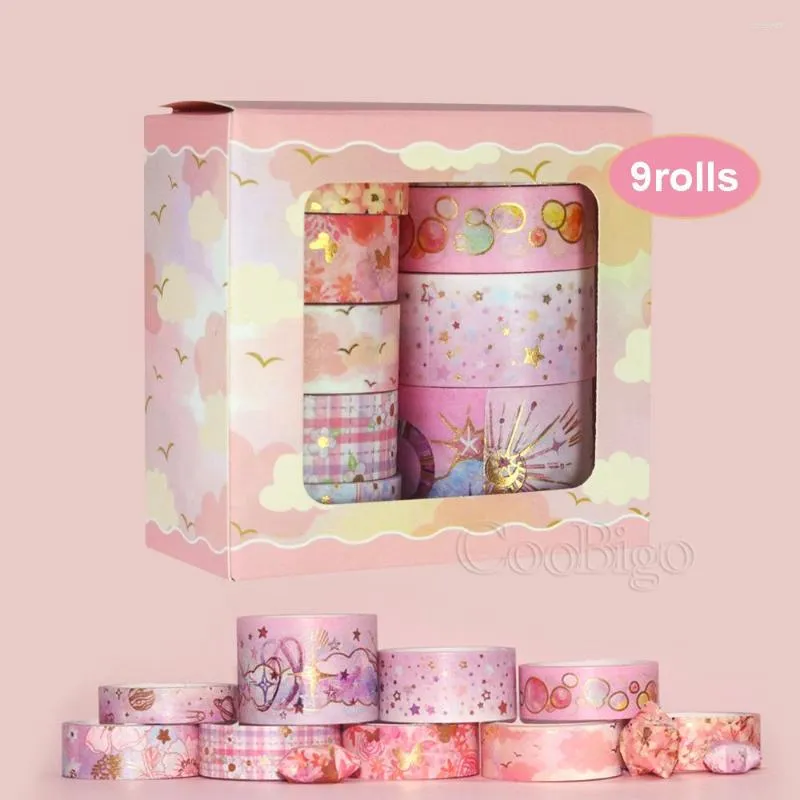 Present Wrap 9Rolls Pink Floral Washi Tape Set Gold Foil Masking Adhesive Paper Scrapbooking Sticker Journal Stationery Decor Diy Supplies