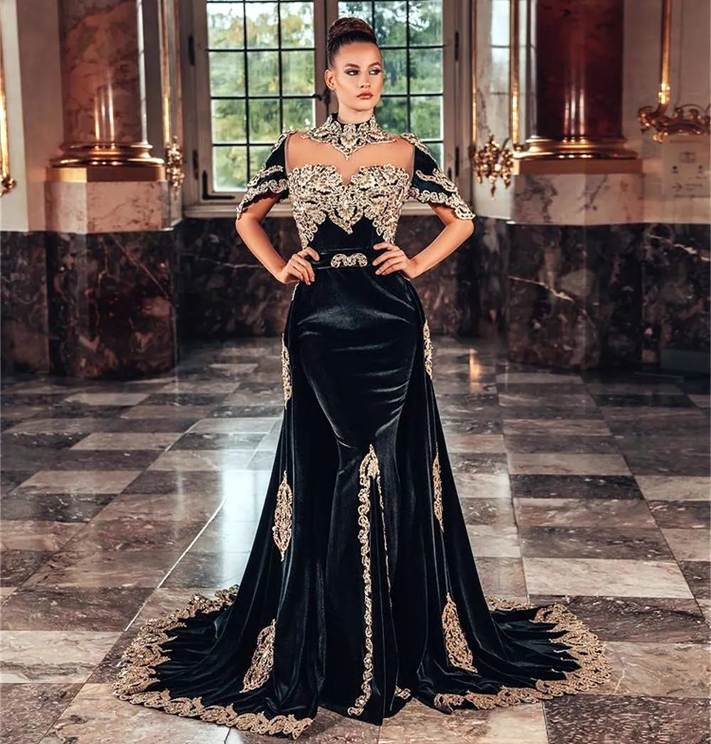2023 eleganckie arabskie Kaftan syrenka suknie wieczorowe czarne formalne sukienki na przyjęcie z odpinaną spódnicą na szyję złota koronka długa dubaj marokański kaftan sukienka na studniówkę