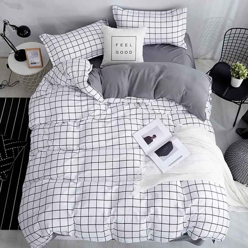 Наборы постельных принадлежностей Bonenjoy Queen Size Set Set White Color Black Plaid Microfiber Reactive Printed King Size Set Set для спальни комплект 230227