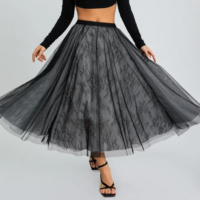 Jupes Puloru Grunge Punk Noir Tulle Dentelle Maille Femmes Taille Élastique Évasée Plissée Printemps Automne Été A-ligne Midi