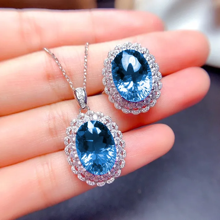 Pendant Necklaces European and American style jewelry set geometric sky blue crystal zircon diamond white gold plated ring girl wedding party jewelry gift