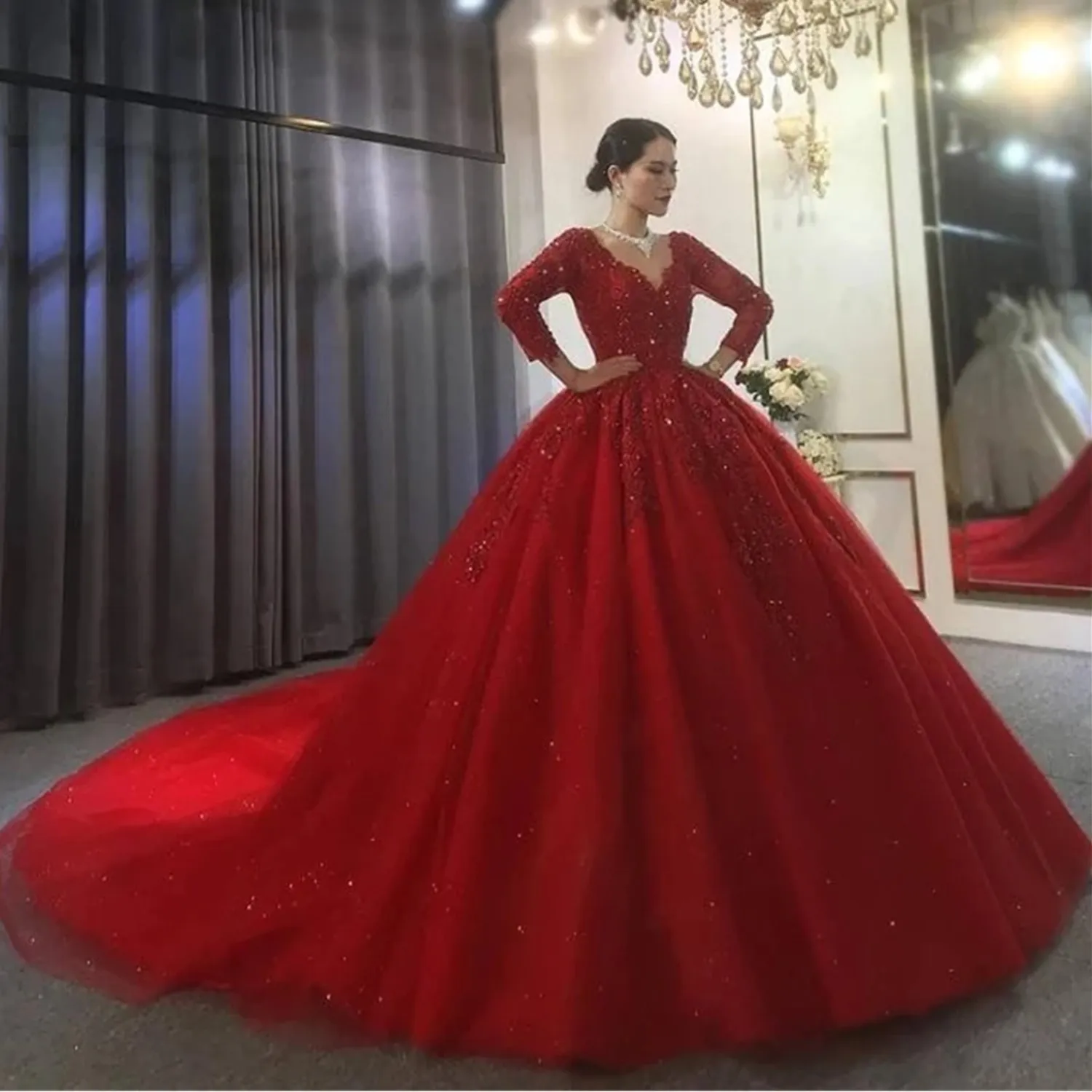 red dress with big sleeves Elegant Red Midi Dress, Long Sleeve Dress, Midi Wedding Dress, Red Crepe Dress, Midi Dress, Little Red Dress, Bridal and Wedding Dress