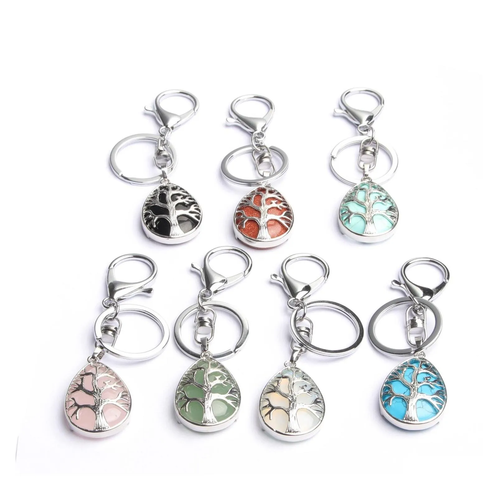 Car DVR Key Rings Stone Natural Original Tree Of Life Keychains Sier Color Clasty Cyric Care Decore -keyrings keyholder for Women Men Drop D dhfoh