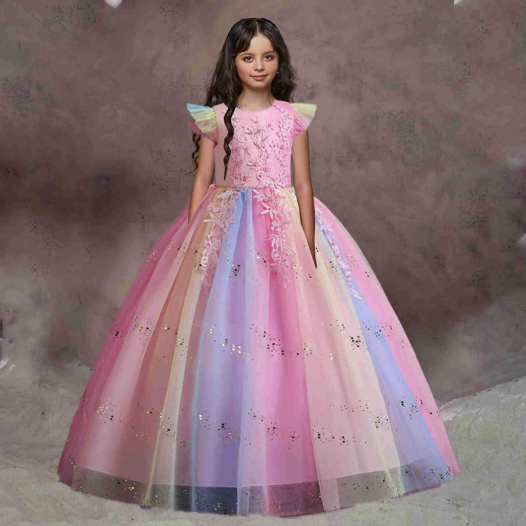 Robes de fille formelle fleur dentelle demoiselle d'honneur enfants robe de mariée pour filles enfants vintage fête de mariage princesse robe pageant robe venir