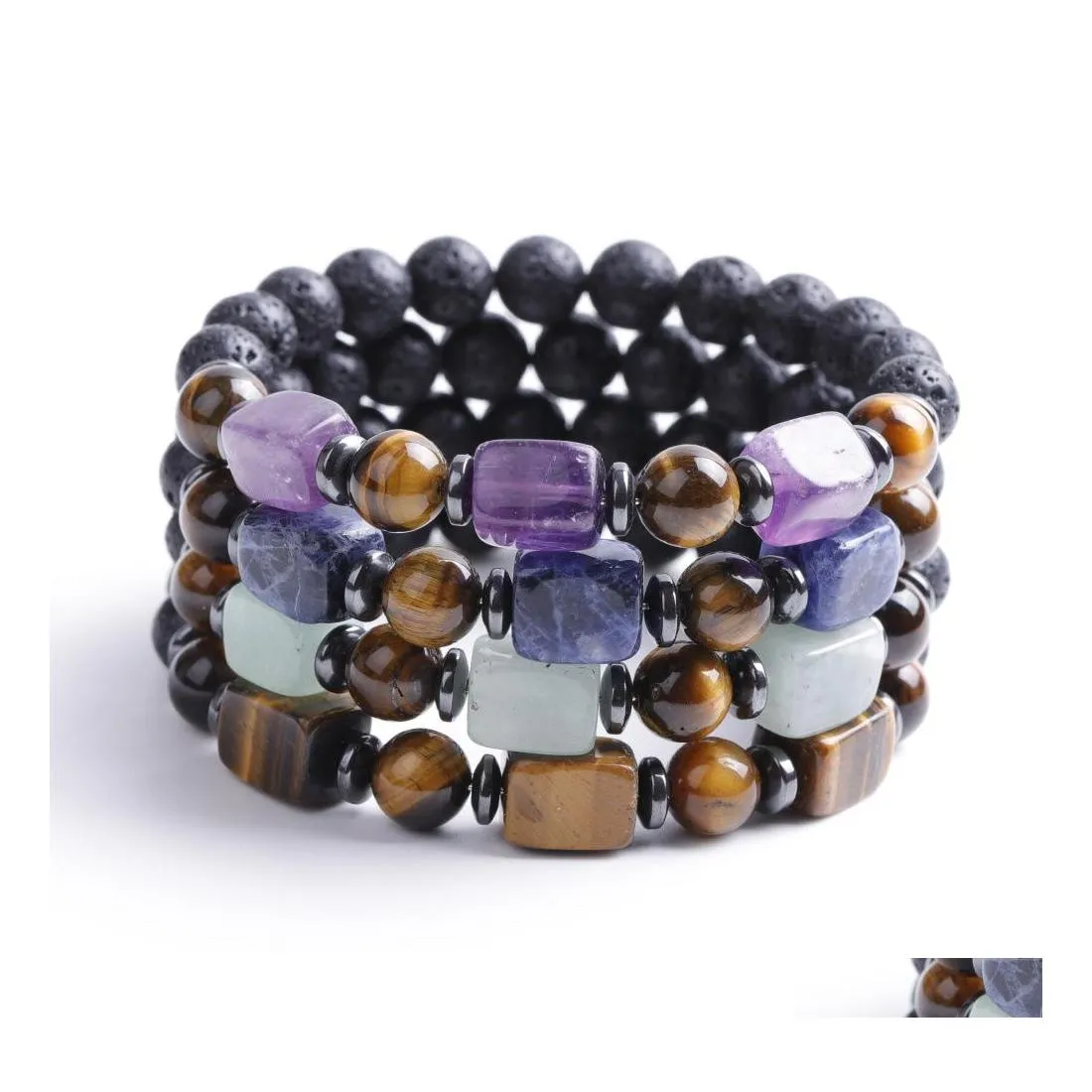 voiture dvr Charme Bracelets Carré Oeil De Tigre Énergie Perle 7 Chakras Bracelet 8 Mm Noir Pierre De Lave Diffuseurs Perles Stretch Yoga Bijoux Pour Femmes Dhxg8