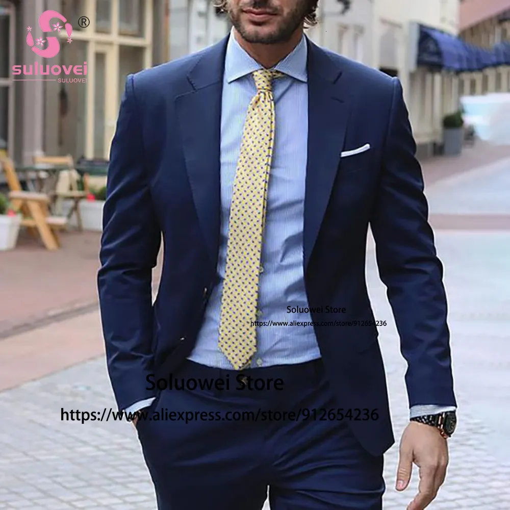 Men's Suits Blazers Classic Navy Blue Suits For Men Slim Fit 2 Piece Jacket Pants Set Formal Groom Wedding Prom Tuxedo Male Office Business Blazer 230227