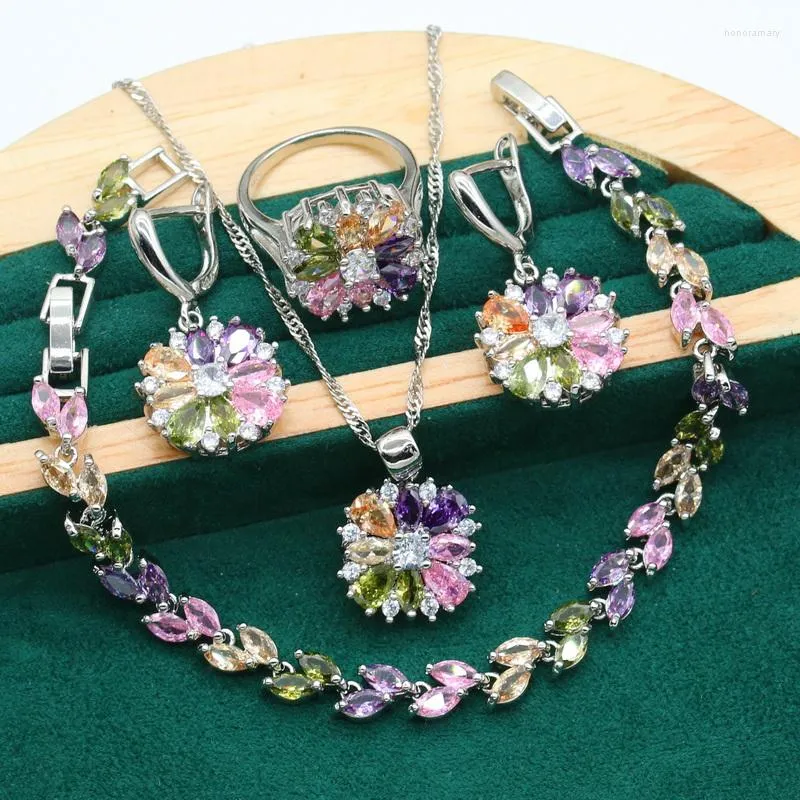 Necklace Earrings Set Dubai Multicolour Zircon Wedding Silver Color Jewelry For Women Bracelet Long Ring Christmas Gift