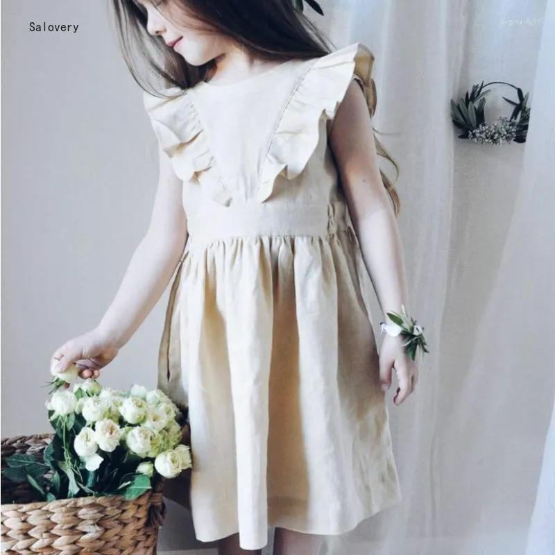 Robes de fille été enfants vêtements filles robe coton lin volants sans manches robe décontractée une ligne jupe de princesse de style européen et américain