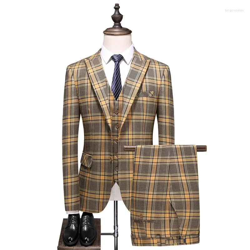 Men's Suits Luxury Fashion Men's Plaid Western Slim Fit Wedding Groom Dress Three-piece Suit Jacket Pants Vest