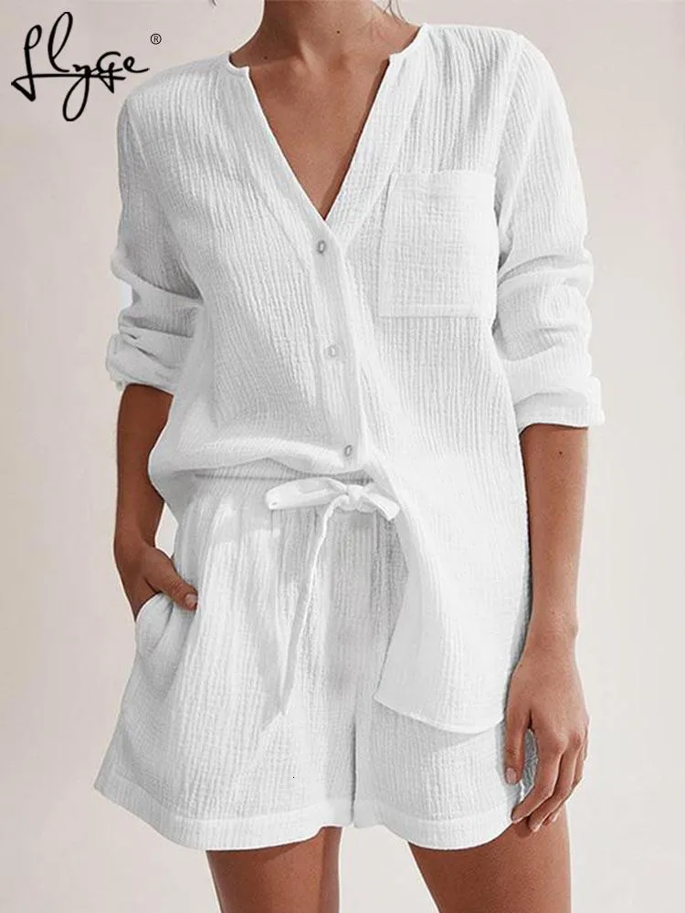 Camisa De Manga Larga De Algodón En V De Algodón De Mujer Set De