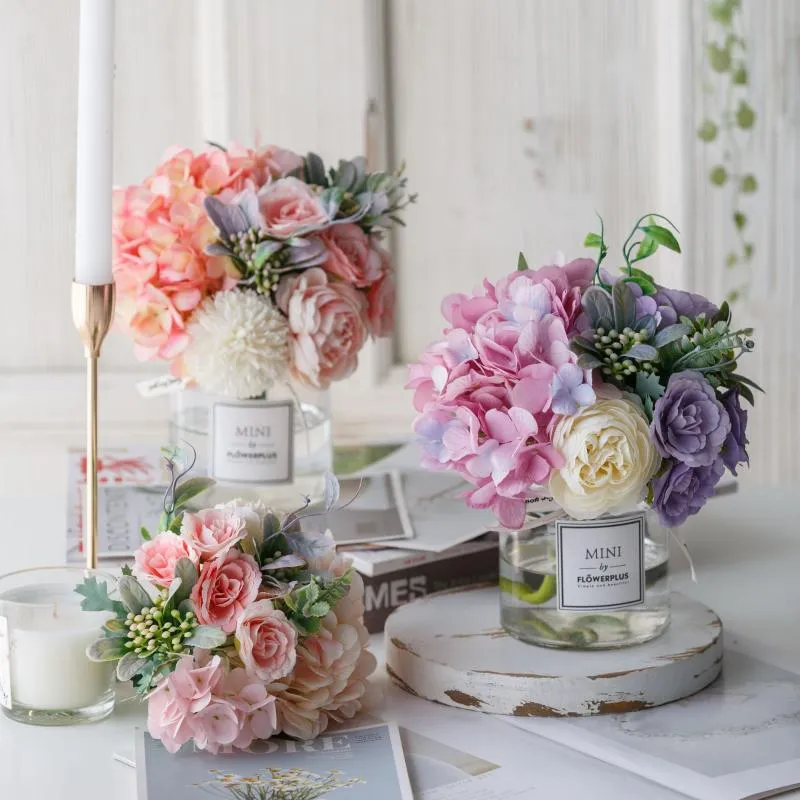 Dekorativa blommor konstgjorda med keramisk vas Silk Peony Flower Arrangement för matsal Fake Bouquet Home Decor