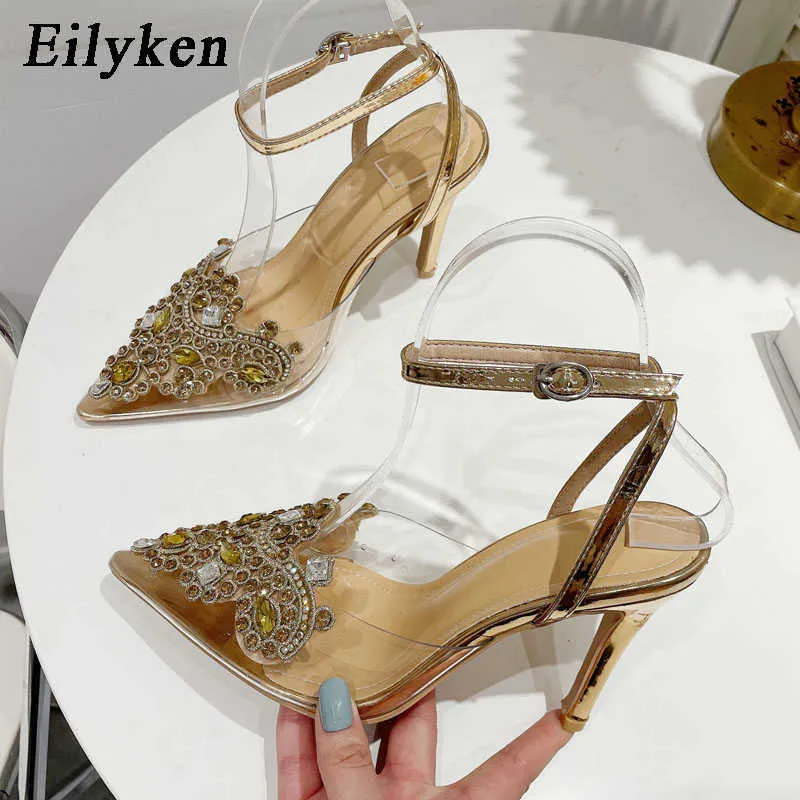 Dress Shoes Eilyken Design Style Crystal PVC Transparante vrouwen Pumps Sexy Stiletto High Heel Buckle Strap Mule Shoes Female SandalsL230227