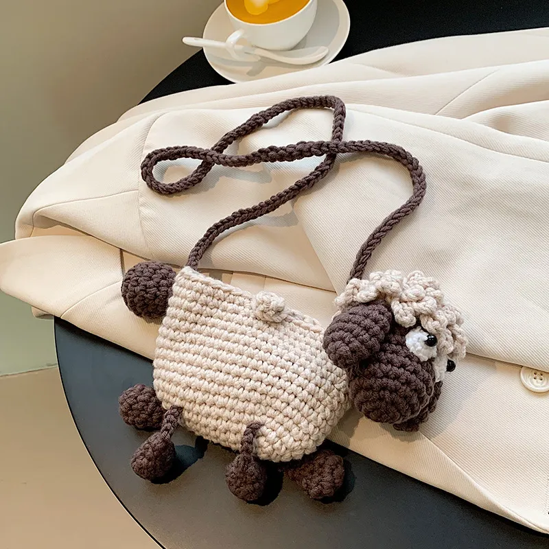 INS Lamb handmade wool crochet children handbags parent-child kids 3D cartoon cross-body phone bag Boys girls sheep sinlger shoulder bags F1568