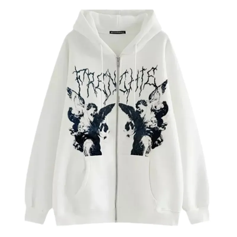 Felpa con cappuccio da donna Angel Fairy Gothic Dark Print Jacket Cappotto casual femminile hip-hop Streetwear uomo Harajuku Anime Coat Felpe con cappuccio unisex con cerniera maschile