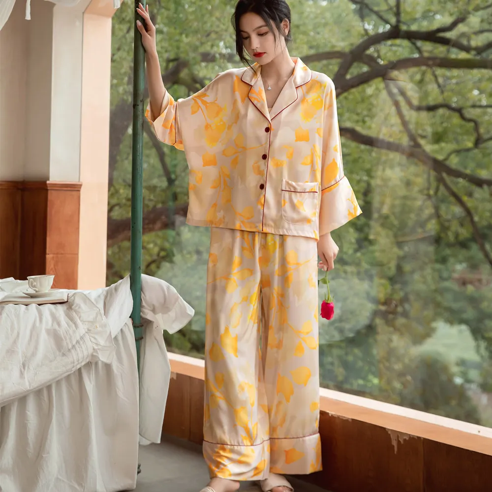 Womens Sleepwear QSROCIO High Quality Pajamas Set Fashion Leaves