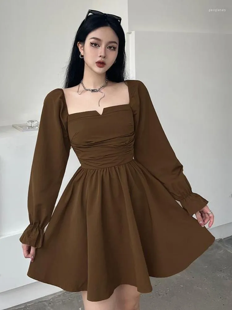 Vestidos Casuales Houzhou Vintage Vestido De Manga Larga Mujeres Elegante Puff Square Collar Sexy Slim Mini Brown A Line High Street De 25 21 DHgate