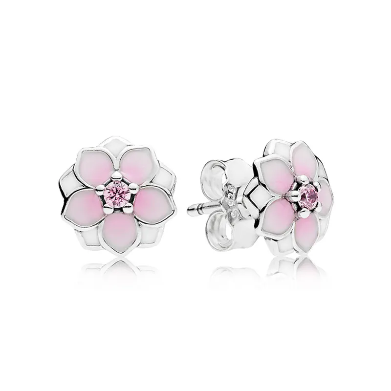 Pendientes de tuerca de magnolia rosa de plata de ley auténtica para Pandora CZ, joyería de boda con diamantes para mujer, regalo de novia, juego de pendientes de flor de diseñador con caja original