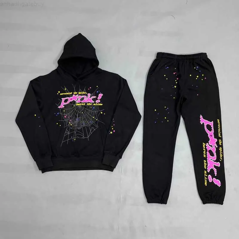 Young Thug Spider Felpa con cappuccio Felpa Tuta Web Pullover Sp5der 555555 Pantaloni sportivi Set 0ZA9