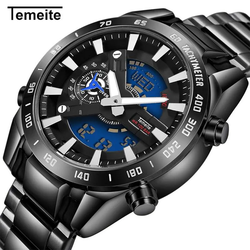 Montres-bracelets TEMEITE Quartz Homme Montre Top Luxe Doré Noir Bracelet En Acier Inoxydable Grand Cadran Montres Militaires Relogio Masculino