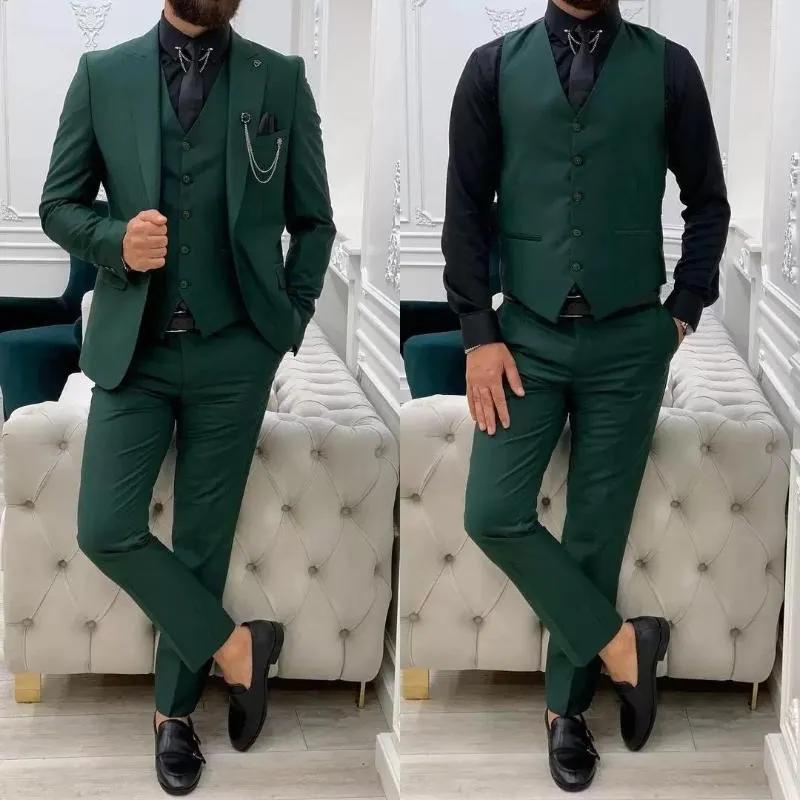 Suits Men Handsome Green Mens Costume Homme Wedding Slim Fit Tuxedos Peaked Lapel Groom Party Blazer Business (Kurtla Vest Pants)