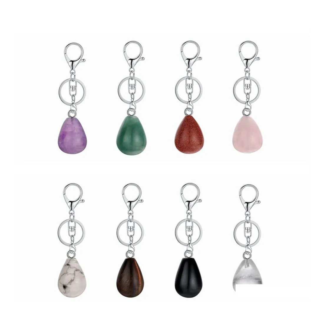 voiture dvr Porte-clés Longes Conception Porte-clés Goutte D'eau Cristal Naturel Pierre De Quartz Porte-clés Porte-clés Pour Couple Ami Cadeaux Diy Bijoux D Dh9Yn