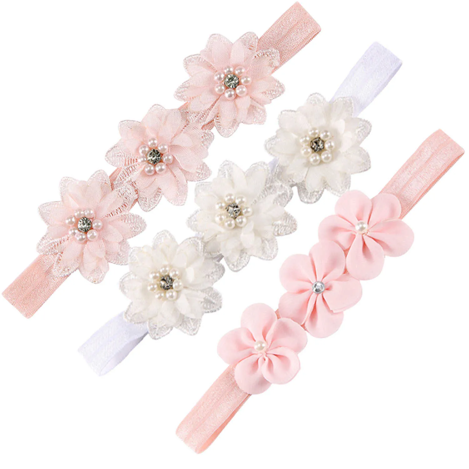 Nuova fascia per capelli per bambini Fascia per fiori solubile in acqua fatta a mano con 3 perle Copricapo per bambini Fasce per capelli in chiffon Fascia per capelli