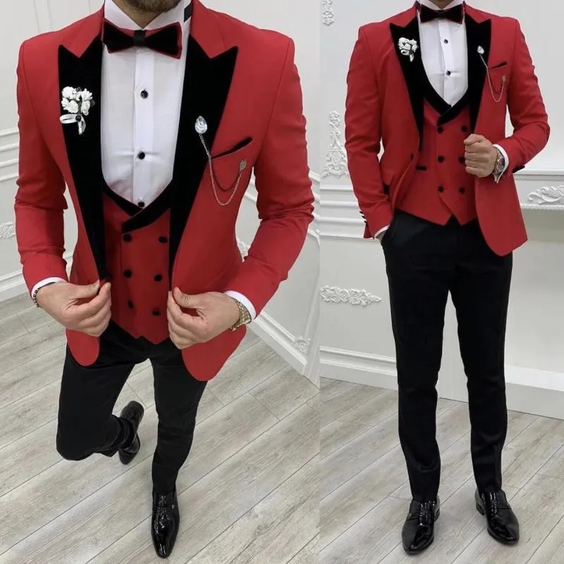 Mäns kostymer blazers design skräddarsydd rött prom party bröllop för brudgummen smal fit affär blazer väst traje de novio para boda set