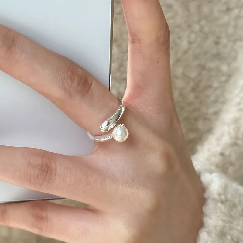 Anello di perle Anello in argento sterling per donna 925 Anelli aperti regolabili per ragazze adolescenti con vere perle rotonde d'acqua dolce autentiche