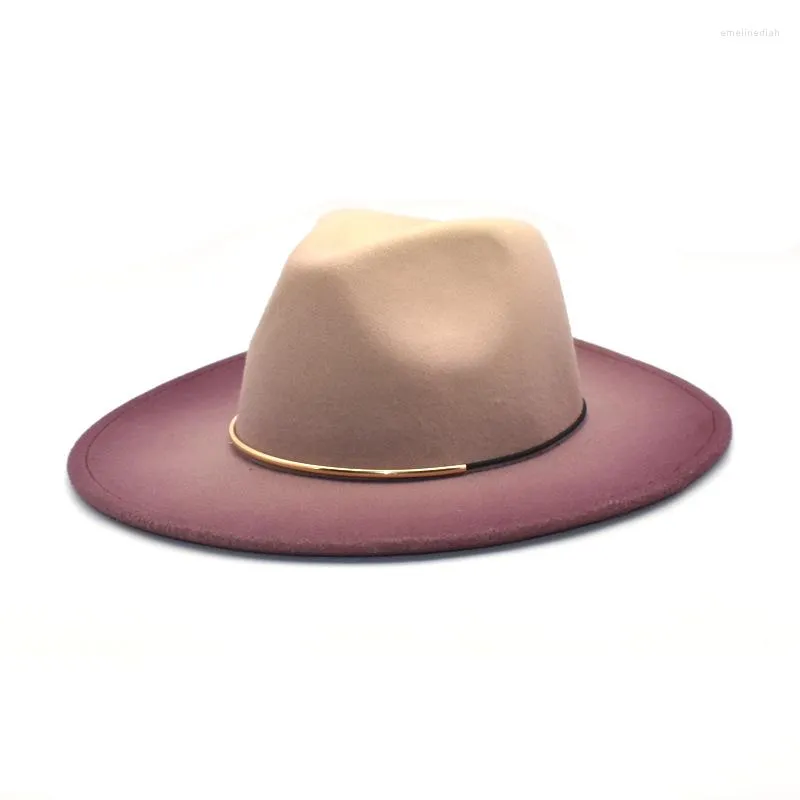 Berets Gradient Large Brim Wool Vintage Felt Fedora Panama Hats Men Women Gentleman Elegant Rose For Lady Winter Autumn Caps