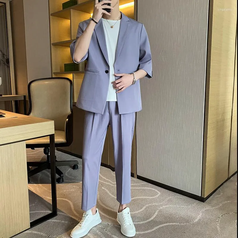 Men's Suits Latest Design Mariage Men Formal Business Suit Half Sleeve Coat Ankle Pants Summer Prom 2 Pieces Jacket