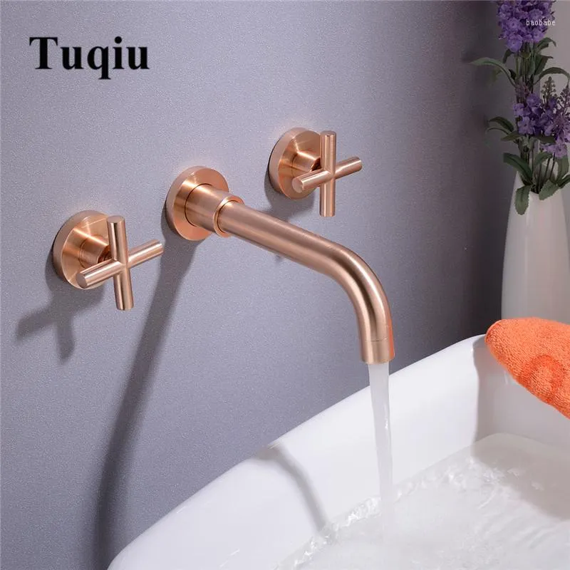 Bathroom Sink Faucets Basin Faucet Wall Mounted Golden Matte/Rose Gold Dual Handle In-Wall 3 Holes & Cold Mixer Tap Torneira