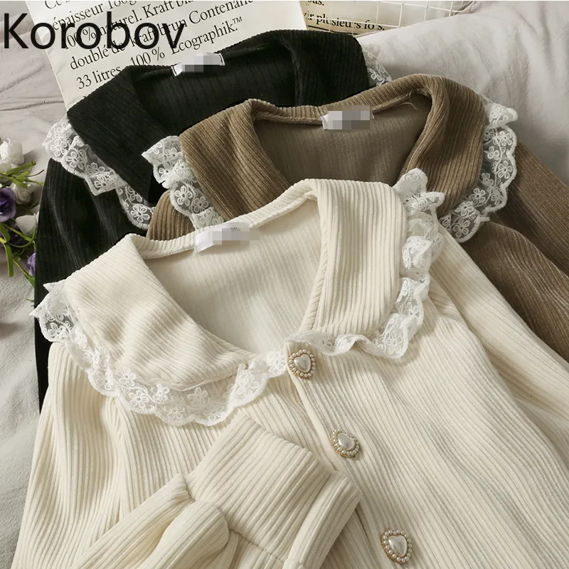 Frauen Blusen Shirts Korobov Koreanische Vintage Spitze Patchwork Weibliche Büro Dame Elegante Peter Pan Kragen Blusas Mujer Einreiher 230227