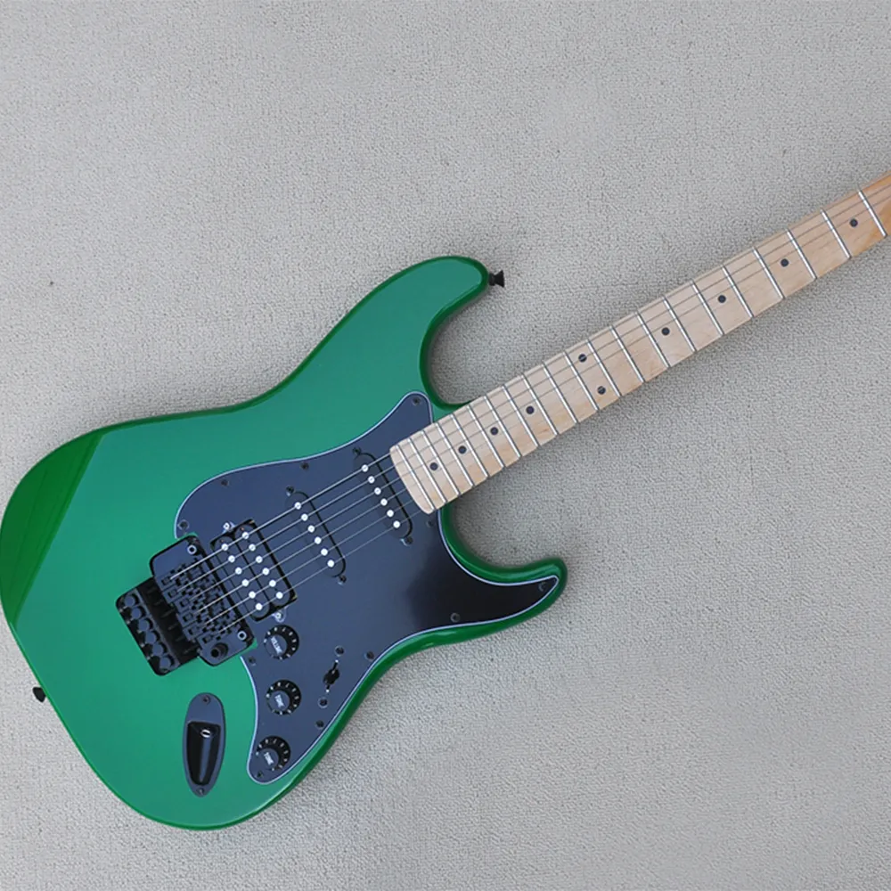 6 Strings Green Electric Guitar with Black Pickguard Floyd Rose Maple Fretboard Customizable