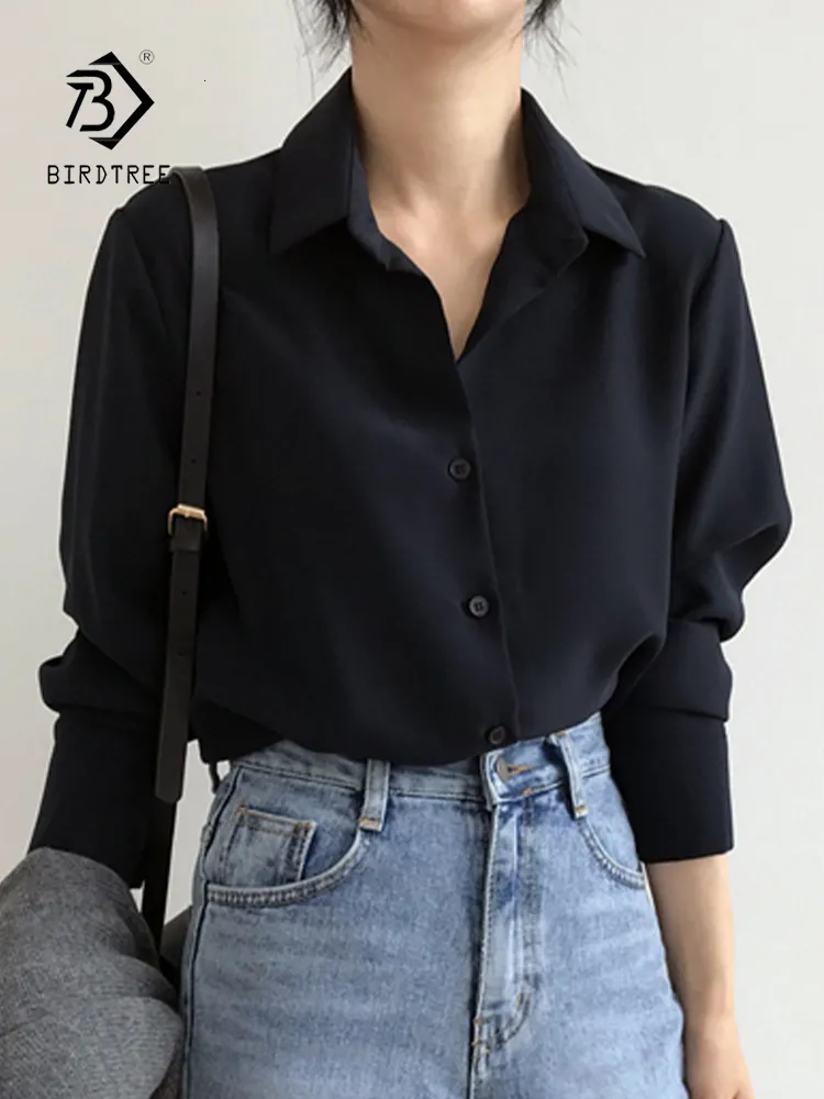 Blouses Femmes Chemises Arrivée d'été Femmes Solide Noir Chemisier En Mousseline De Soie À Manches Longues Chemise Décontractée Coréenne BF Style Chic Tops Feminina Blusa T0 230227