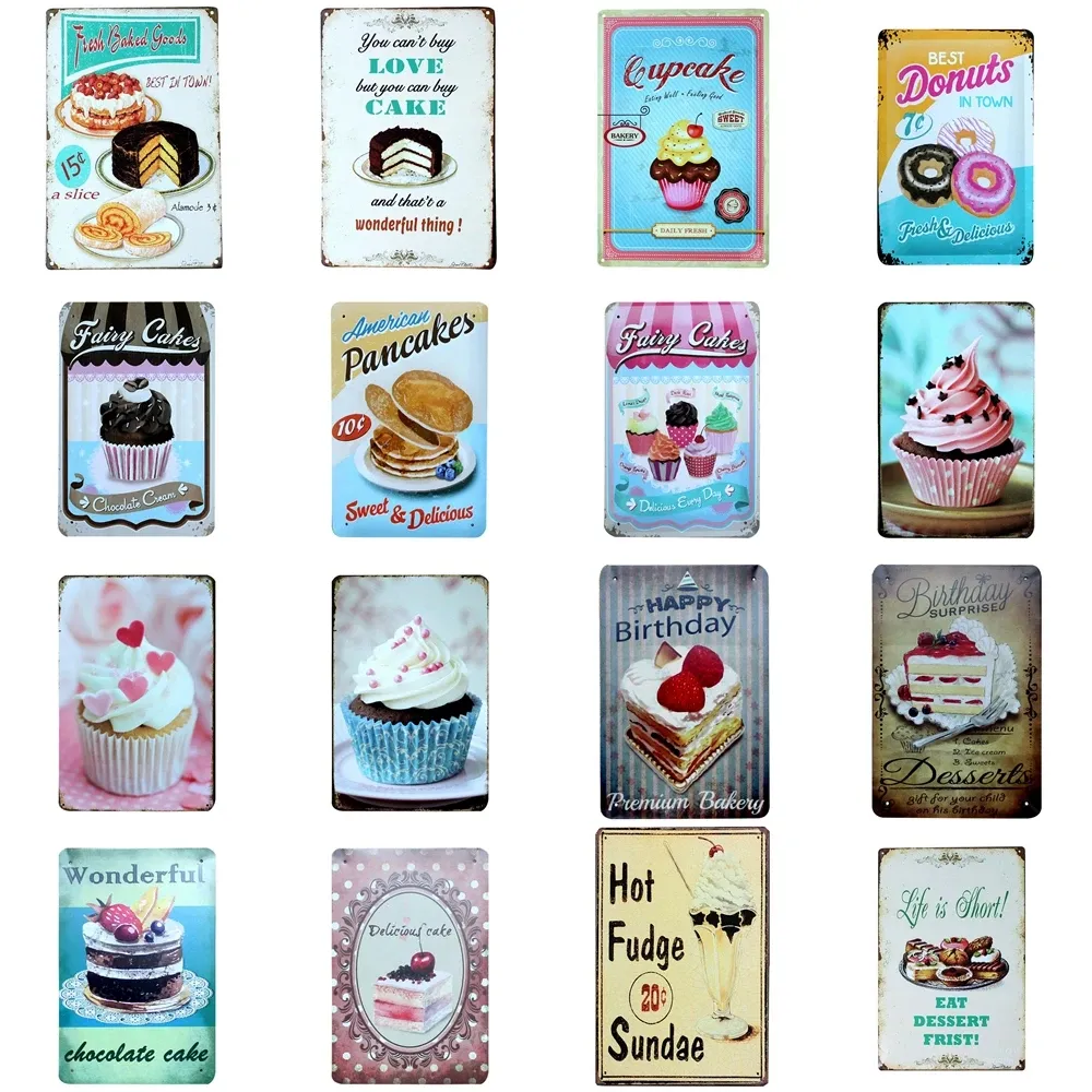 Vintage Cake Dessert art painting Metal Tin Signs Retro Home Kitchen Decoration Plaque Poster Bar Pub Bakery Wall Decor personalized Plate Size 30X20cm w02