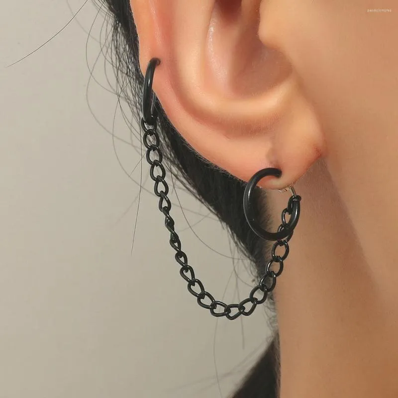 Backs Earrings WKOUD 1PC Punk Black Chain Tassel Non-Piercing Ear Clips Cuff Earring For Women Men Hip Hop Metal Fake Cartilage Jewelry
