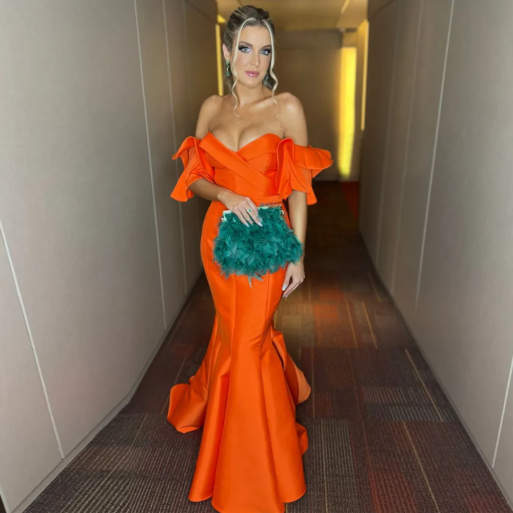 Orange Mermaid Prom Dresses Off The Shoulder Ruffles Tiered Sleeve Evening Gown Satin Long Graduation Party Gowns 326 326