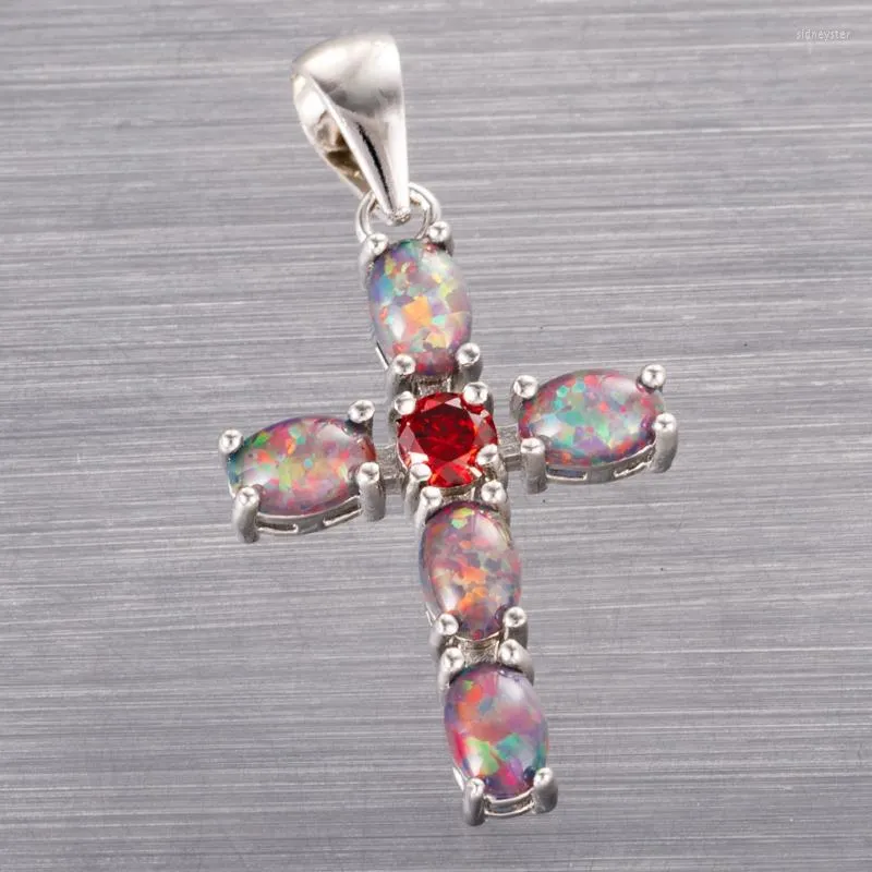 Colares pendentes Kongmoon Latin Cross Red CZ Black Cherry Fire Opal Silver Batingy Jóias para Mulheres Colar