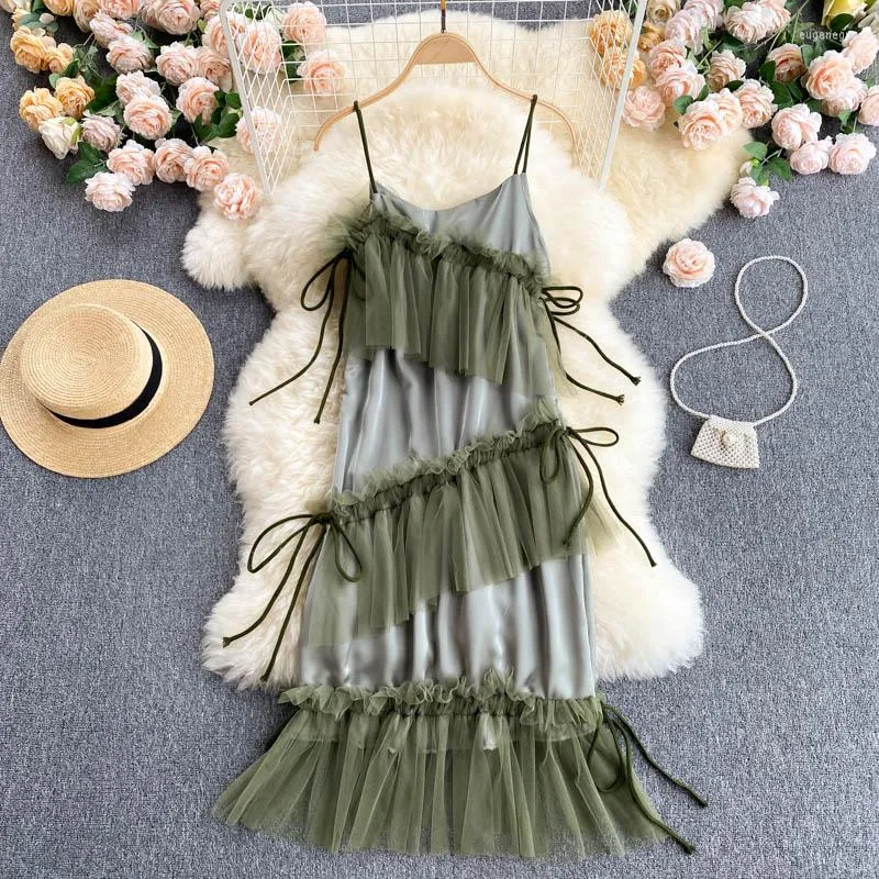 Casual Dresses 2023 Fashion Women Seaside Holiday Sexy Summer Mesh Green Dress Irregular Ruffled Suspender Beach Girl